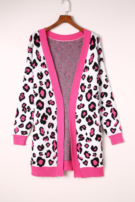 EB | Leopard-Kontrastbesatz Offene Vorderseite Langarmlange Strickjacke