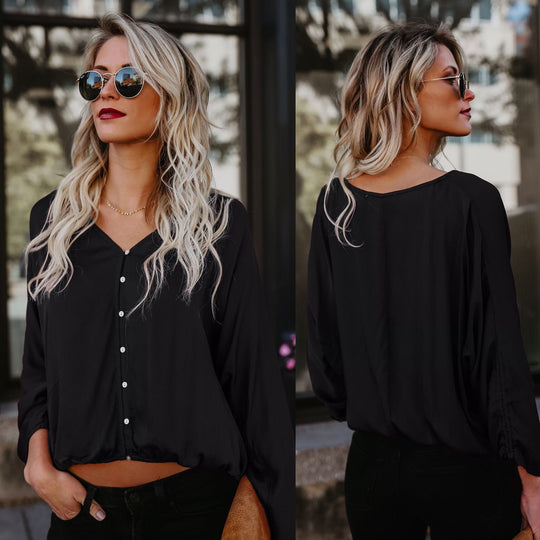 Damen modisches Blusenshirt mit elegantem V-Ausschnitt und dekorativen Knöpfen EB