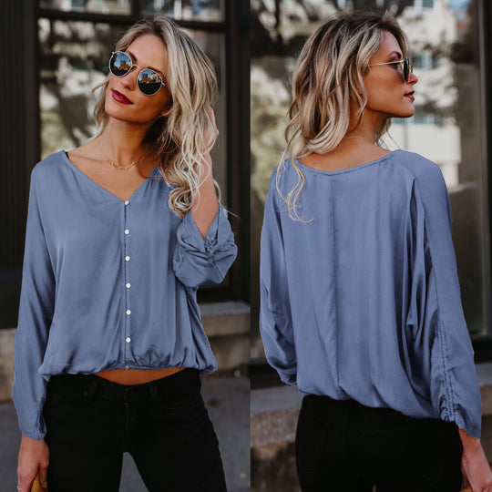 Damen modisches Blusenshirt mit elegantem V-Ausschnitt und dekorativen Knöpfen EB