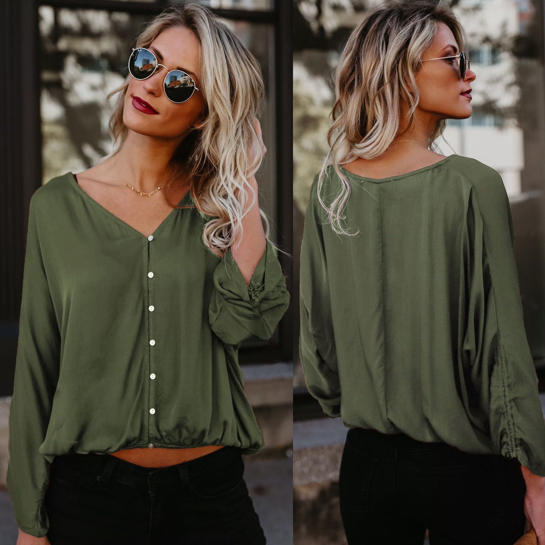 Damen modisches Blusenshirt mit elegantem V-Ausschnitt und dekorativen Knöpfen EB