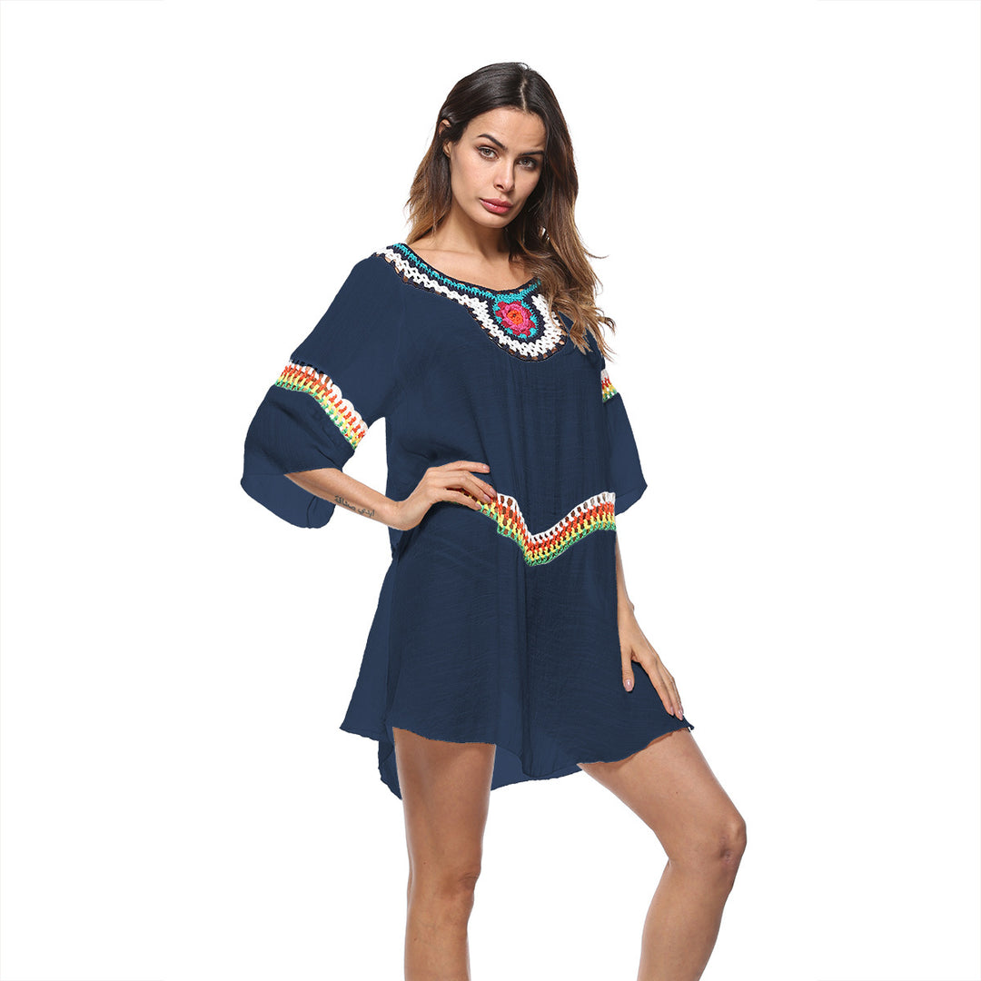 Damen luftiger Strandkaftan mit bunten Stickdetails EB