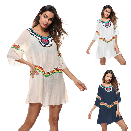Damen luftiger Strandkaftan mit bunten Stickdetails EB
