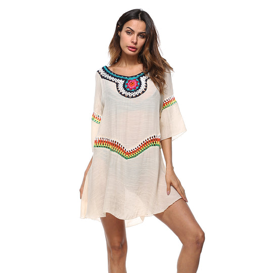 Damen luftiger Strandkaftan mit bunten Stickdetails EB