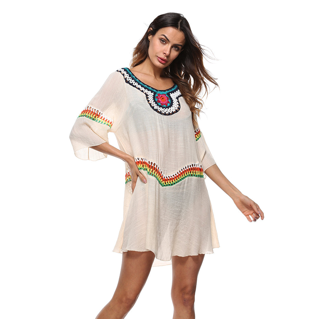 Damen luftiger Strandkaftan mit bunten Stickdetails EB