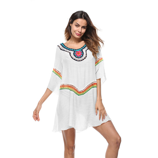 Damen luftiger Strandkaftan mit bunten Stickdetails EB