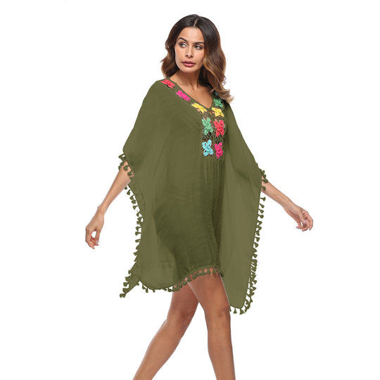 Damen luftiger Kaftan mit bunten Häkelverzierungen EB