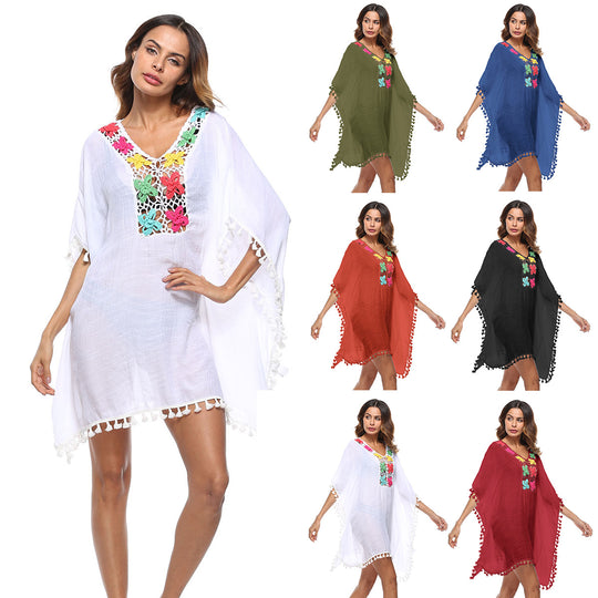 Damen luftiger Kaftan mit bunten Häkelverzierungen EB