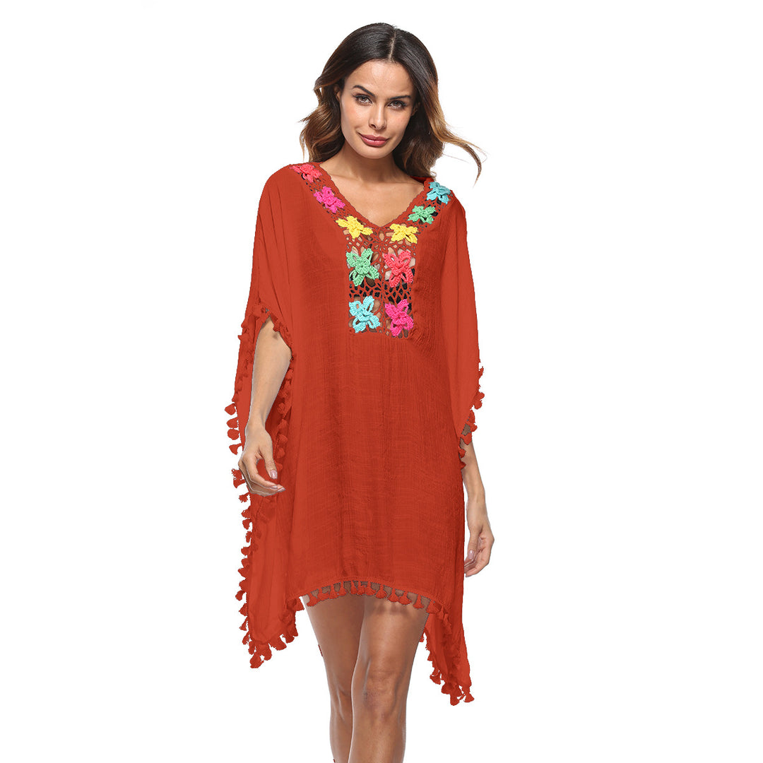 Damen luftiger Kaftan mit bunten Häkelverzierungen EB