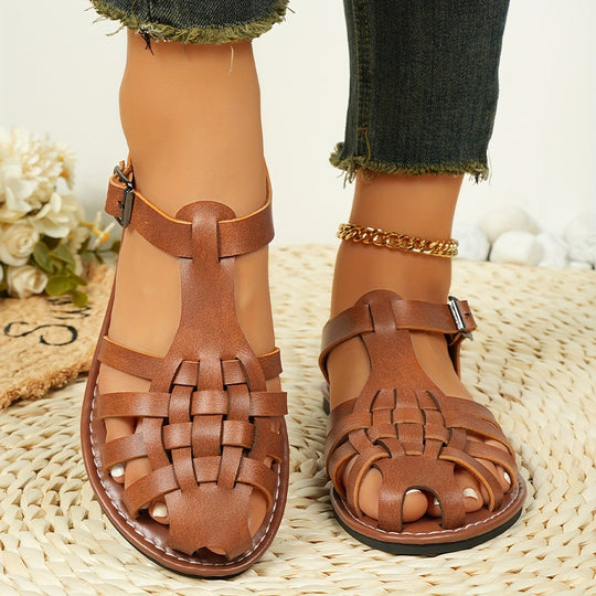 EB | Gewebte Flache Sandalen für Damen Vintage Stil, Geschlossener Zeh, Schnallenverschluss