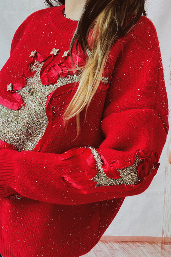 EB | Weihnachtsmuster Gestrickter Rundhalsausschnitt Langarmpullover