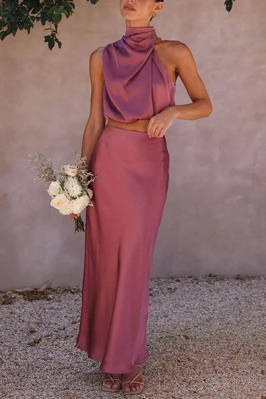EB | Solch Eine Stimmung Hochgeschlossene Satin Drapiert Maxirock Set