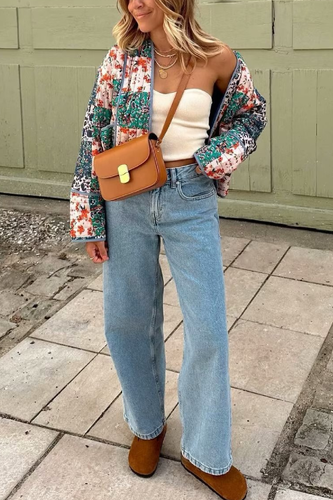 EB | Bedruckte lockere lässige Strickjacke kurze gesteppte Baumwolljacke