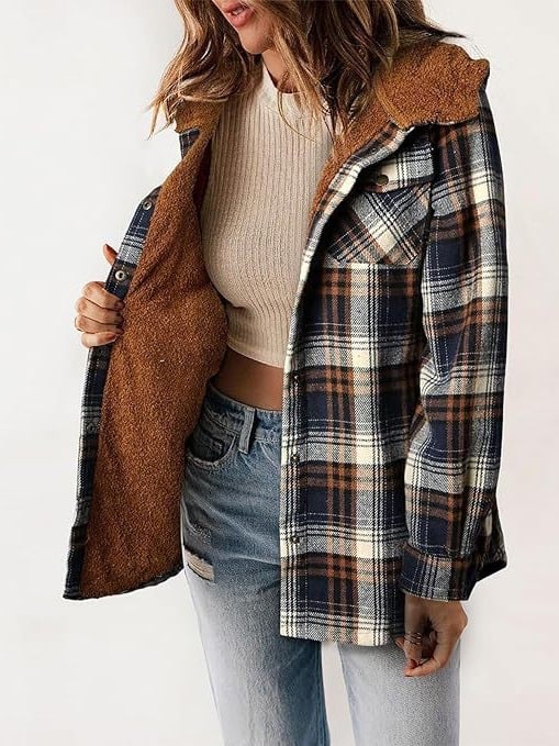 EB | Plaid Jacke Langarm Schnalle Wolle mit Kapuze