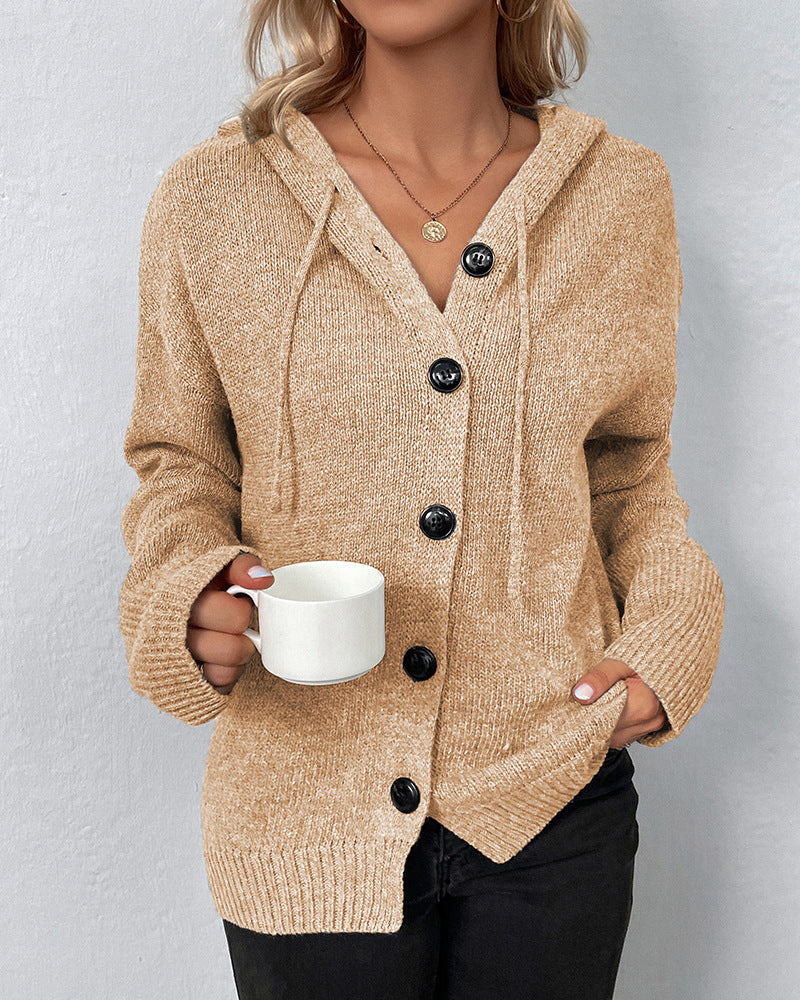 EB | Einfarbige Strickjacke mit Kapuze und Schnürsenkeln