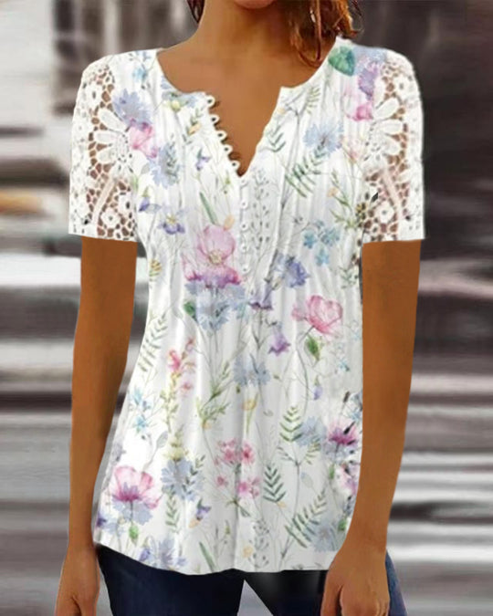 EB | Elegantes T-Shirt mit Kurzen Ärmeln und V-Ausschnitt Print für Damen