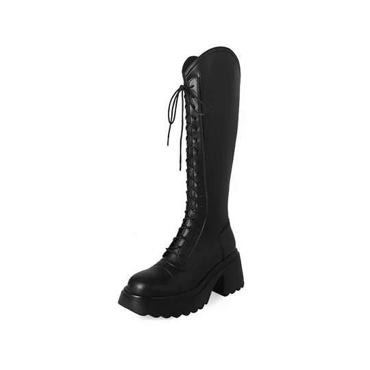 EB | Hohe Stiefel Damenstiefel mit Schnürung und Robuster Ferse