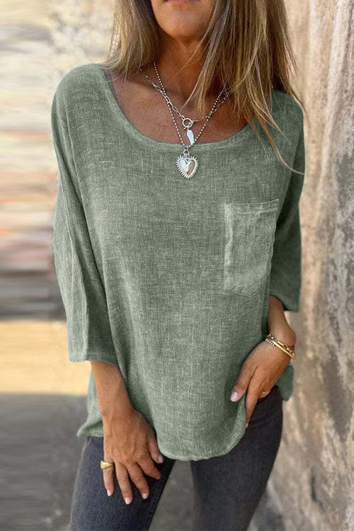 EB | Rosiedress 3/4 Ärmel mit Taschen Baumwolle Leinen Lässiges T-Shirt
