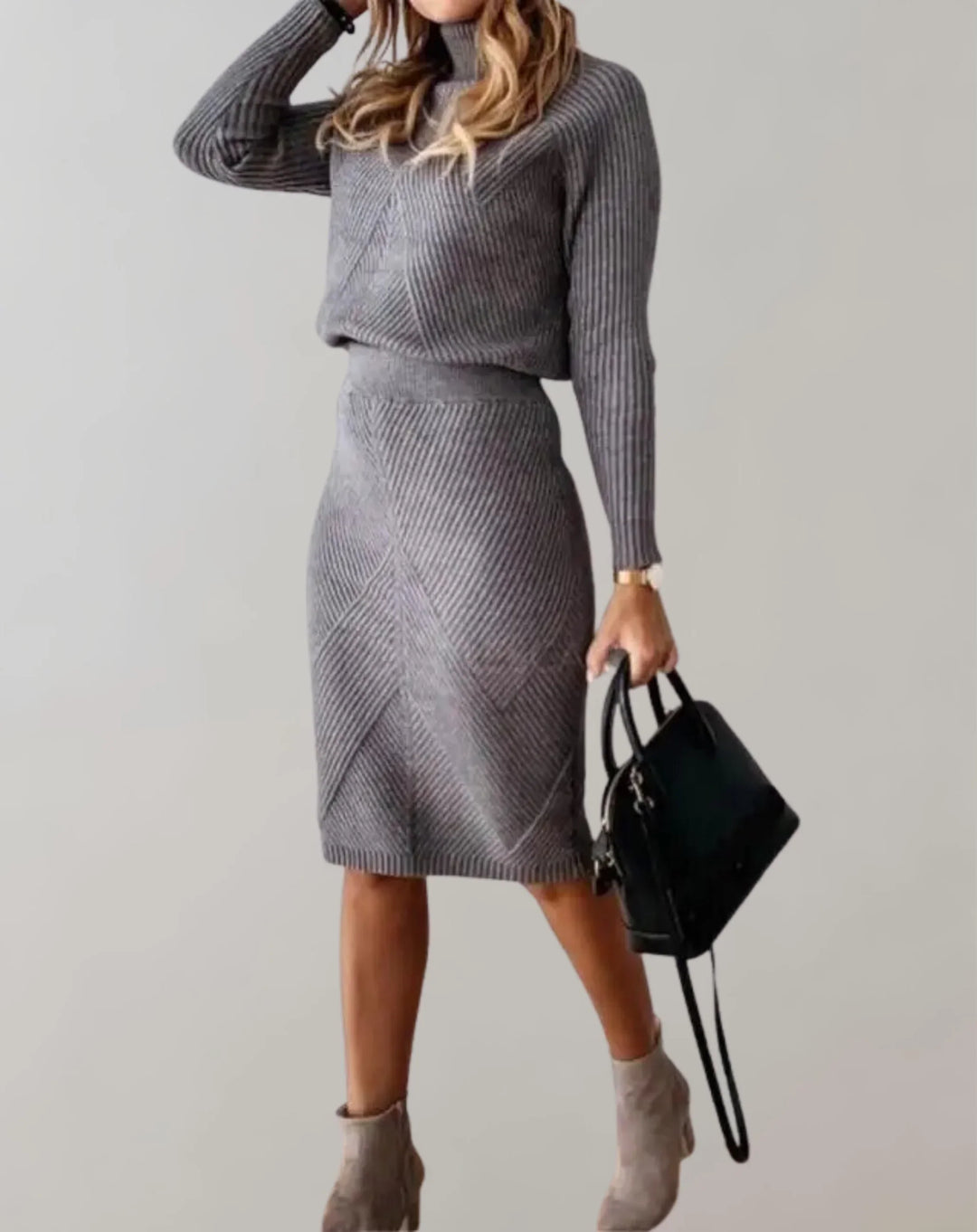 EB | Satz Gerippter Zweiteiler Slim Passform Rollkragenpullover und Midi Rock