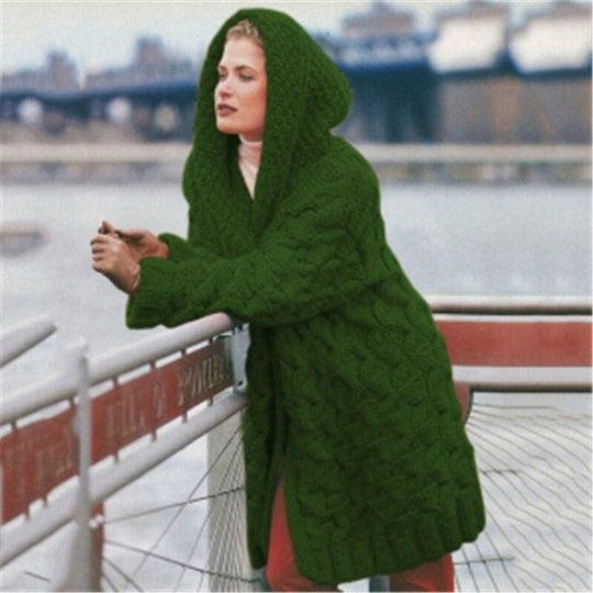 EB | Gestrickte Strickjacke Langmodell Kabelstrick mit Kapuze Offene Vorderseite