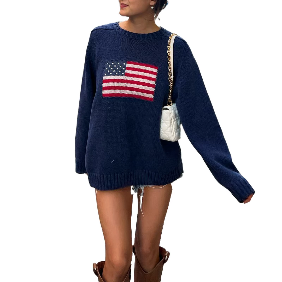 EB - Streetwear Herbst Strickpullover mit Amerikanischer Flagge für Frauen