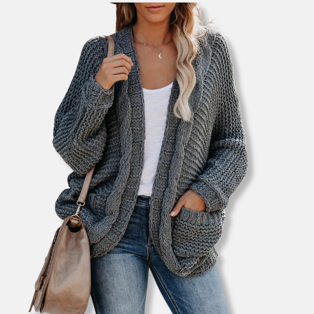 EB | Woll Übergroßer Cardigan Gerippter Offener Fronttaschen Cardigan