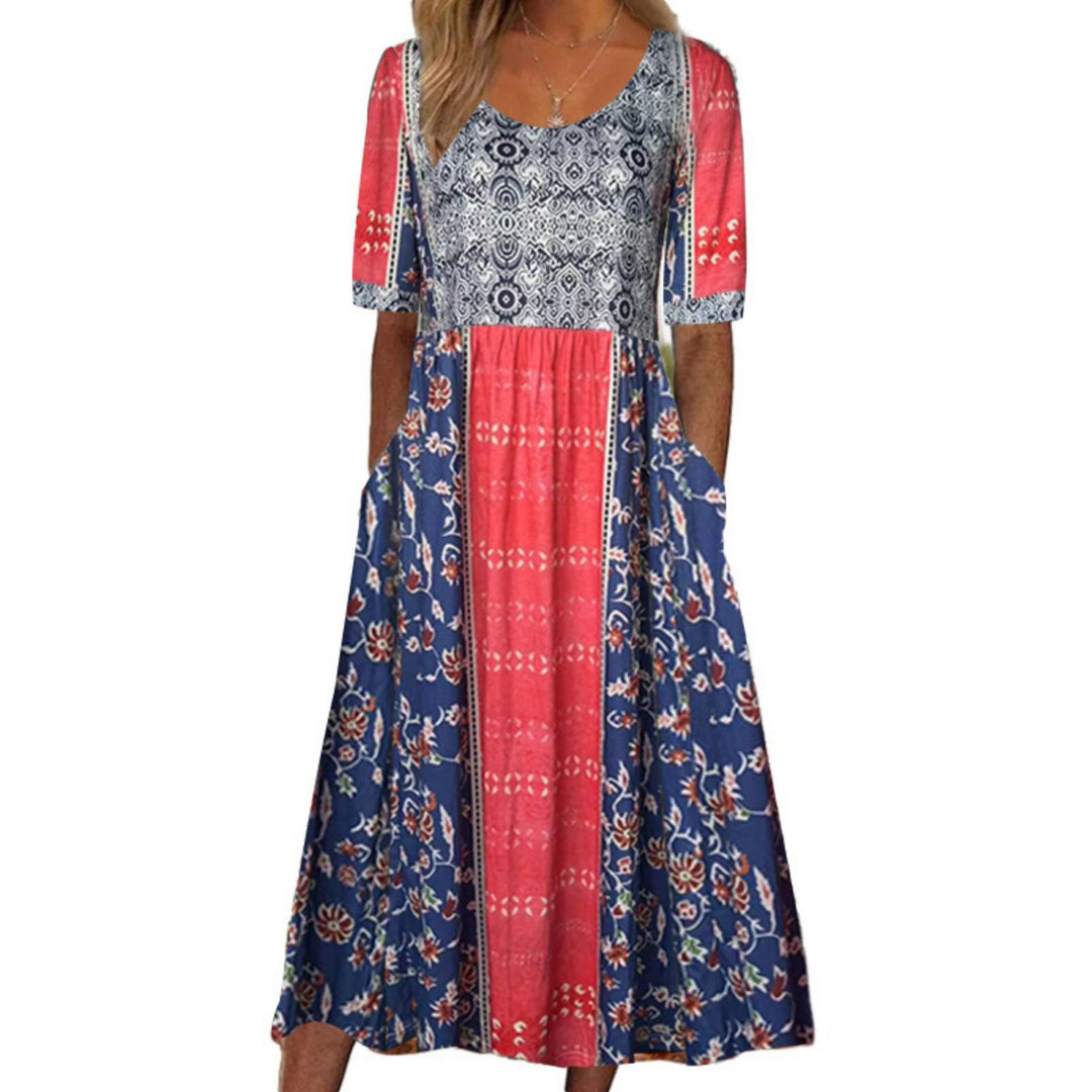 EB | Rundhalsausschnitt Kurzarm Bohemian Print Kleid Frauen