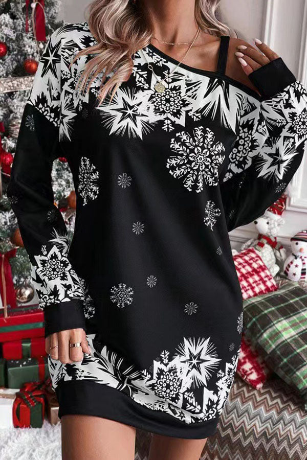 EB | Weihnachts-Schneeflocke Kalt-Schulter Lockeres Sweatshirt Mini Kleid