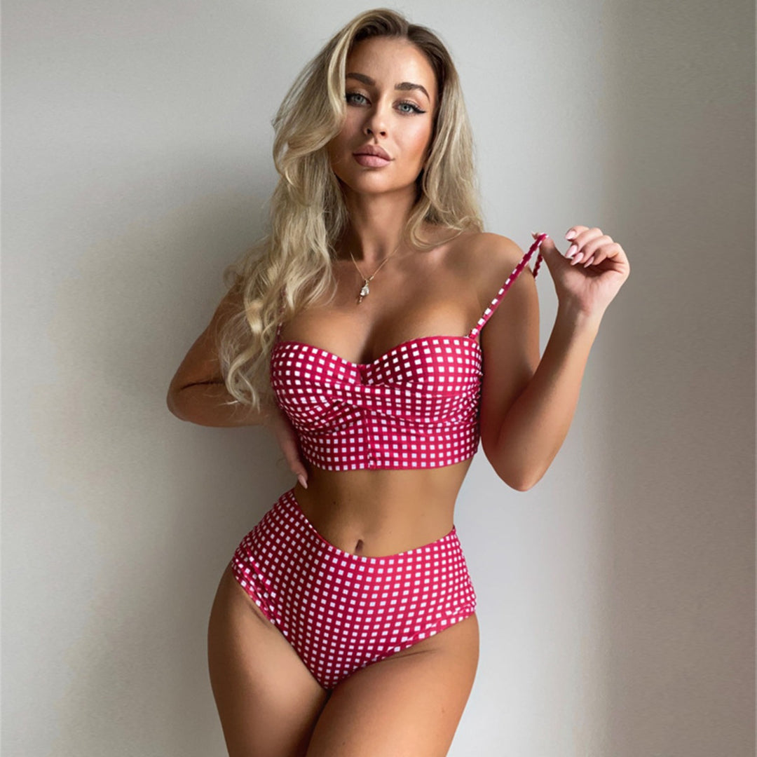 EB | Sexy karierter geteilter Bikini mit hoher Taille