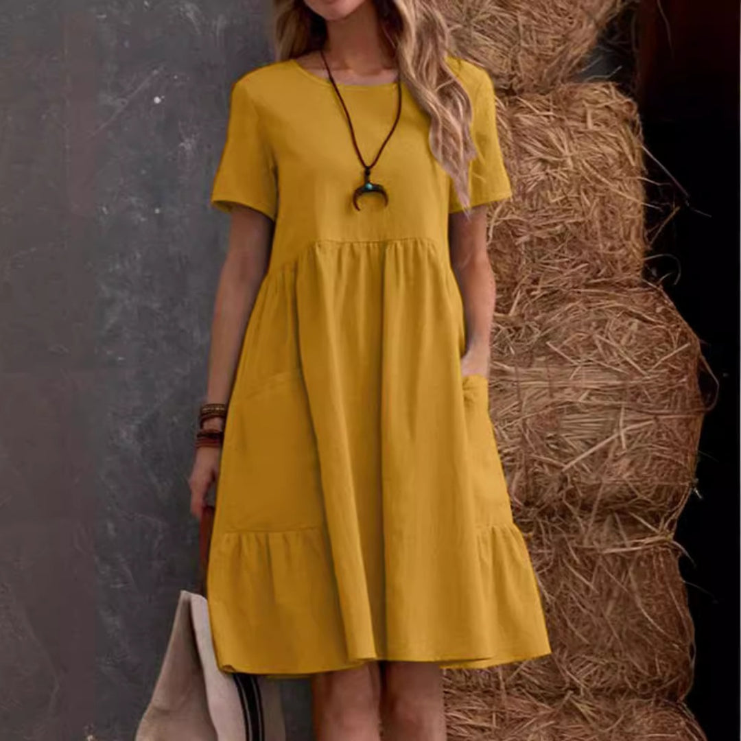 EB | Lose Tasche einfarbig Rundhalsausschnitt Kleid