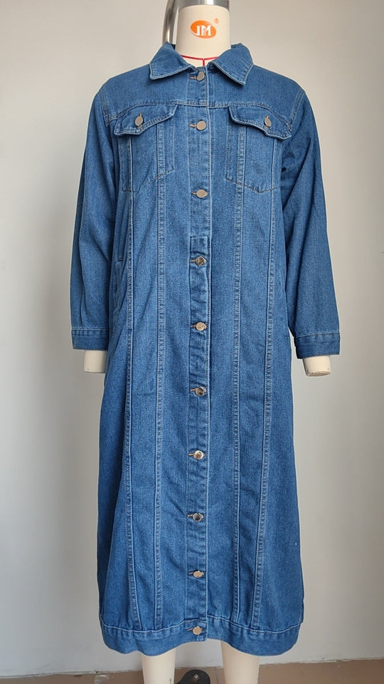 EB | Lang Denimjacke Knopfverschluss Lässig und Trendy