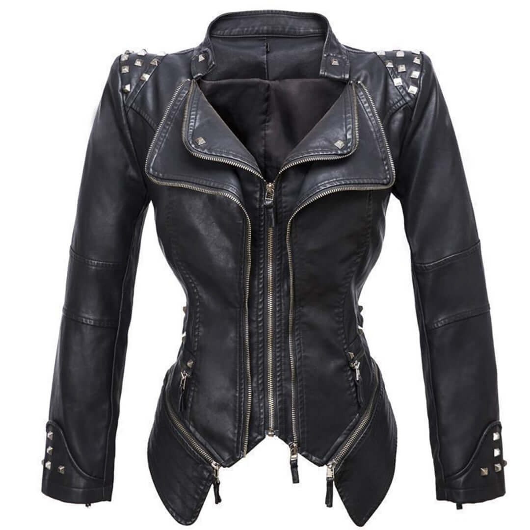 EB | Damen Enganliegende Genietete Biker Lederjacke