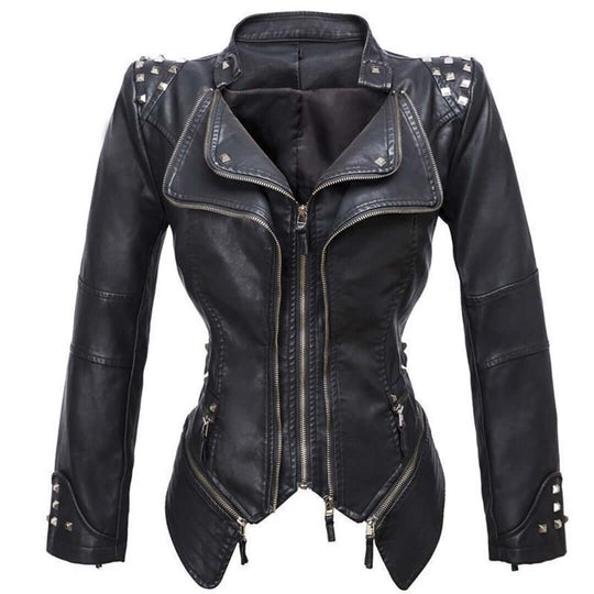 EB | Damen Enganliegende Genietete Biker Lederjacke