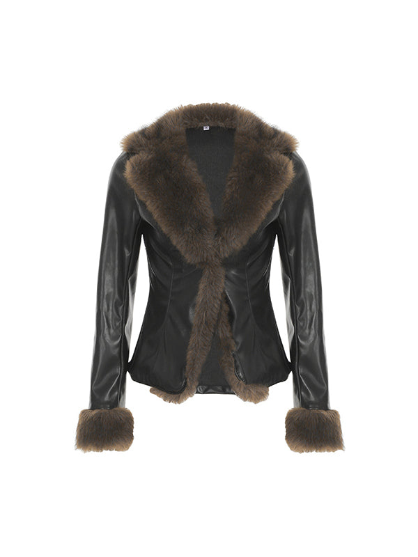 EB | Amerikanischer Stil Pelzkragen Patchwork Lederjacke