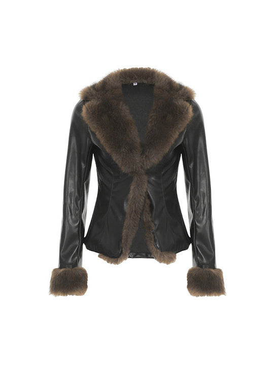 EB | Amerikanischer Stil Pelzkragen Patchwork Lederjacke