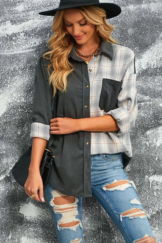 EB | Karierte Farbblock Gefallen Schulter Corduroy Shacket