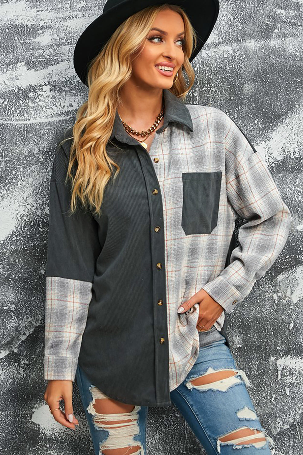 EB | Karierte Farbblock Gefallen Schulter Corduroy Shacket