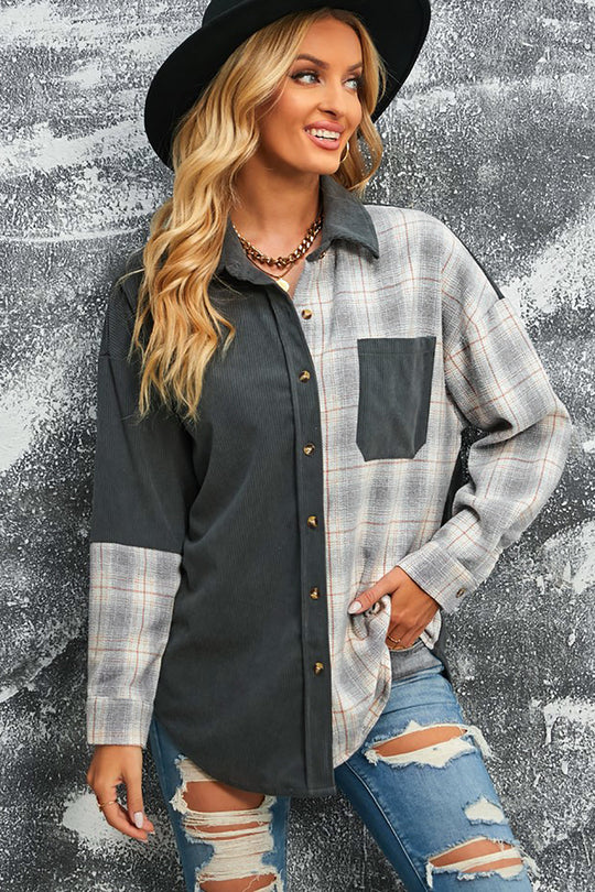 EB | Karierte Farbblock Gefallen Schulter Corduroy Shacket