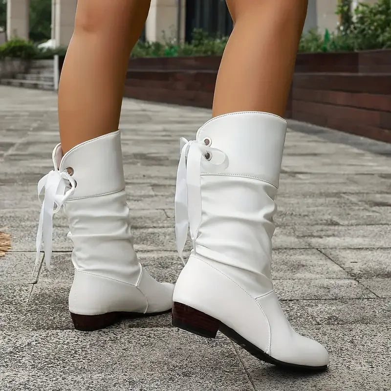 EB | Damenmode Schnürung Chunky Heel Stiefel Bis Zur Wade