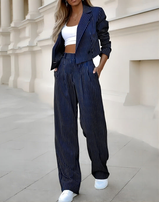 EB | Teil Blazer und Hose - Gestreifter Cropped Blazer und Weite Hose mit Hoher Taille