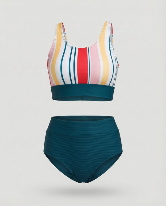 EB | Gestreiftes Reißverschluss-Rücken Schick Bikini Set