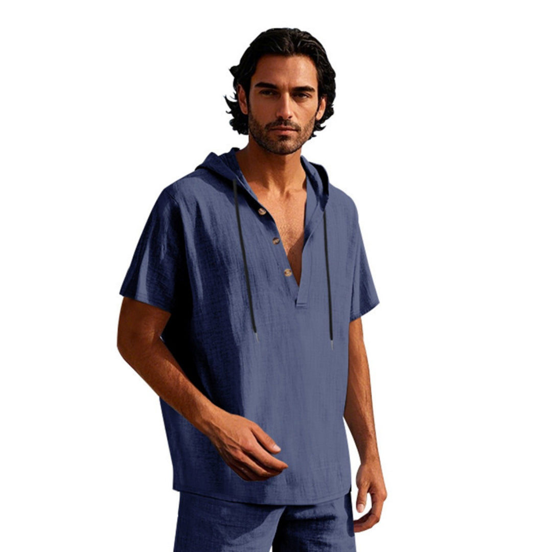 EB | Leinen-Knopf-Strand-Kapuzen-Henley-Shirt
