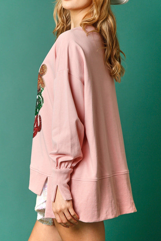 EB | Weihnachts Süßigkeiten Tasse Pailletten Lässiger Lockere Sweatshirt