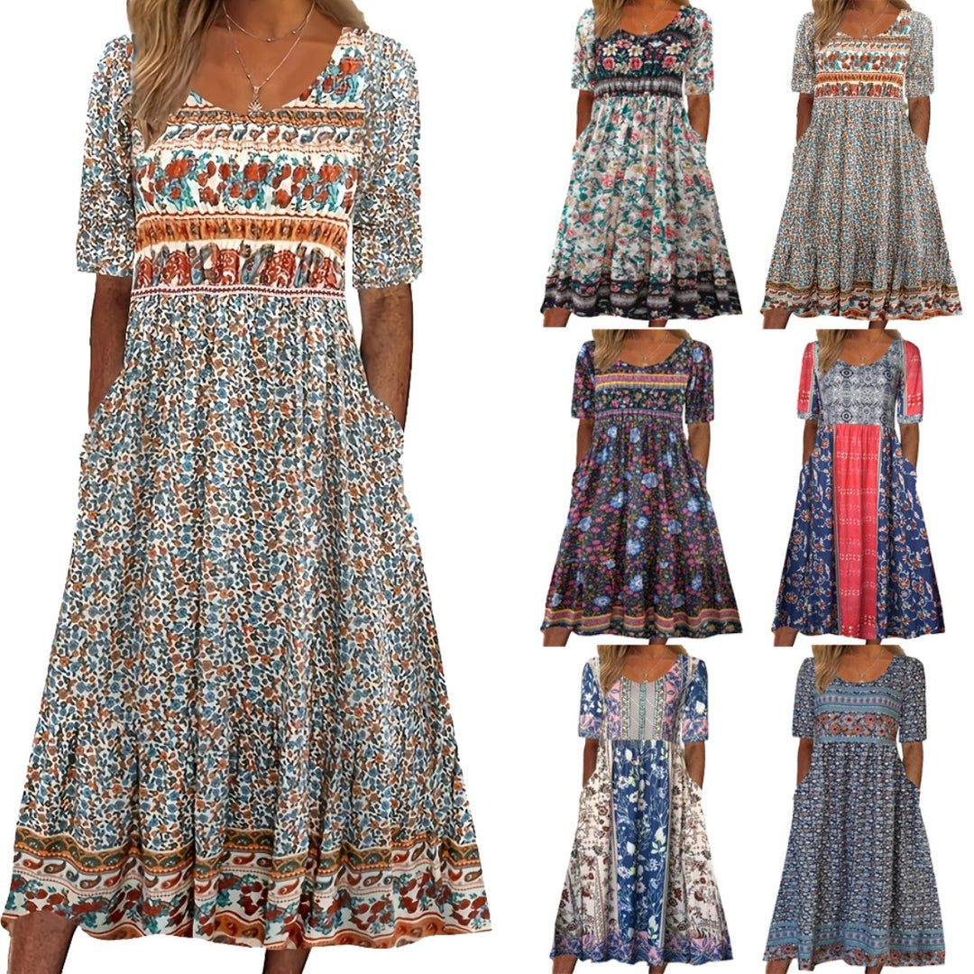 EB | Rundhalsausschnitt Kurzarm Bohemian Print Kleid Frauen