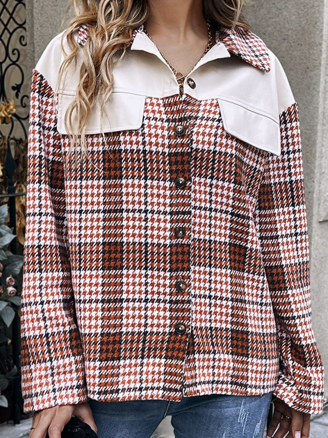 EB | Karierte Kragenhals Fall-Schulter Jacke