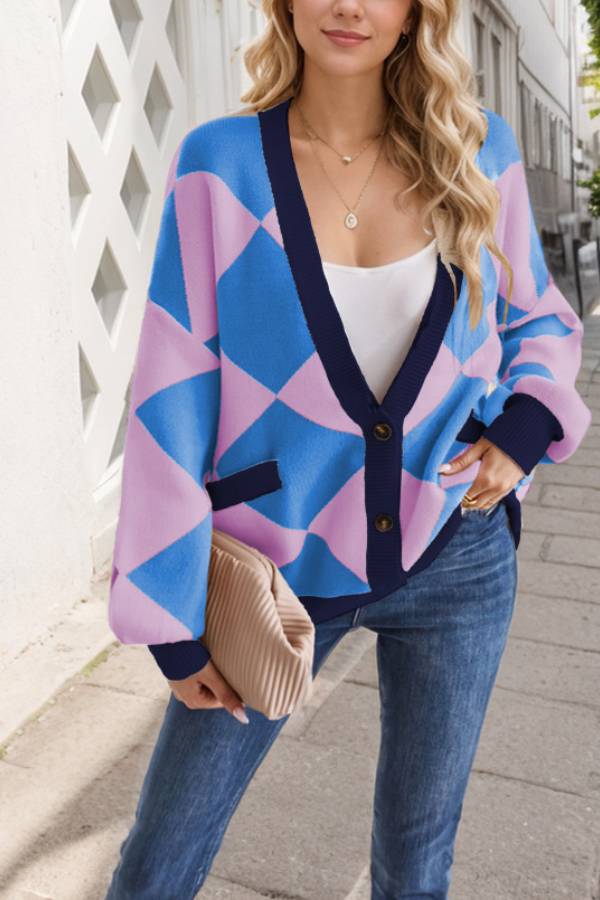 EB | Hals Diamantstich Kontrastfarbe Lockere Gestrickte Cardigan Jacke für Frauen
