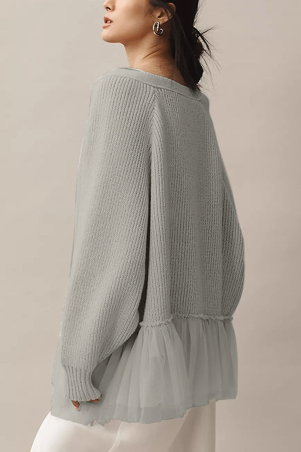 EB | Strickjacke mit Netz-Rüsche und Langen Ärmeln