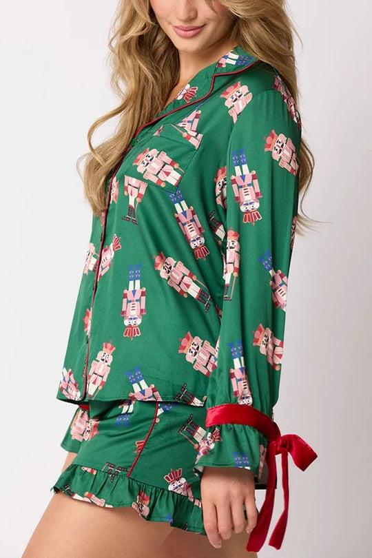 EB | Weihnachten Mode Gedruckte Fliege Oberteil und Elastischer Taillen Rüschenshorts Set
