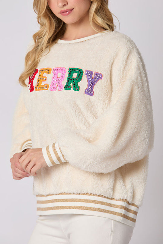 EB | Weihnachtsbuchstaben Strass Langarm Rundhalsausschnitt Sweatshirt