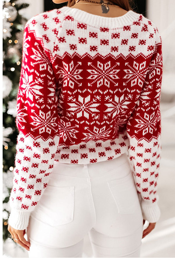 EB | Weihnachtsmuster Gestrickter Rundhalsausschnitt Langarmpullover