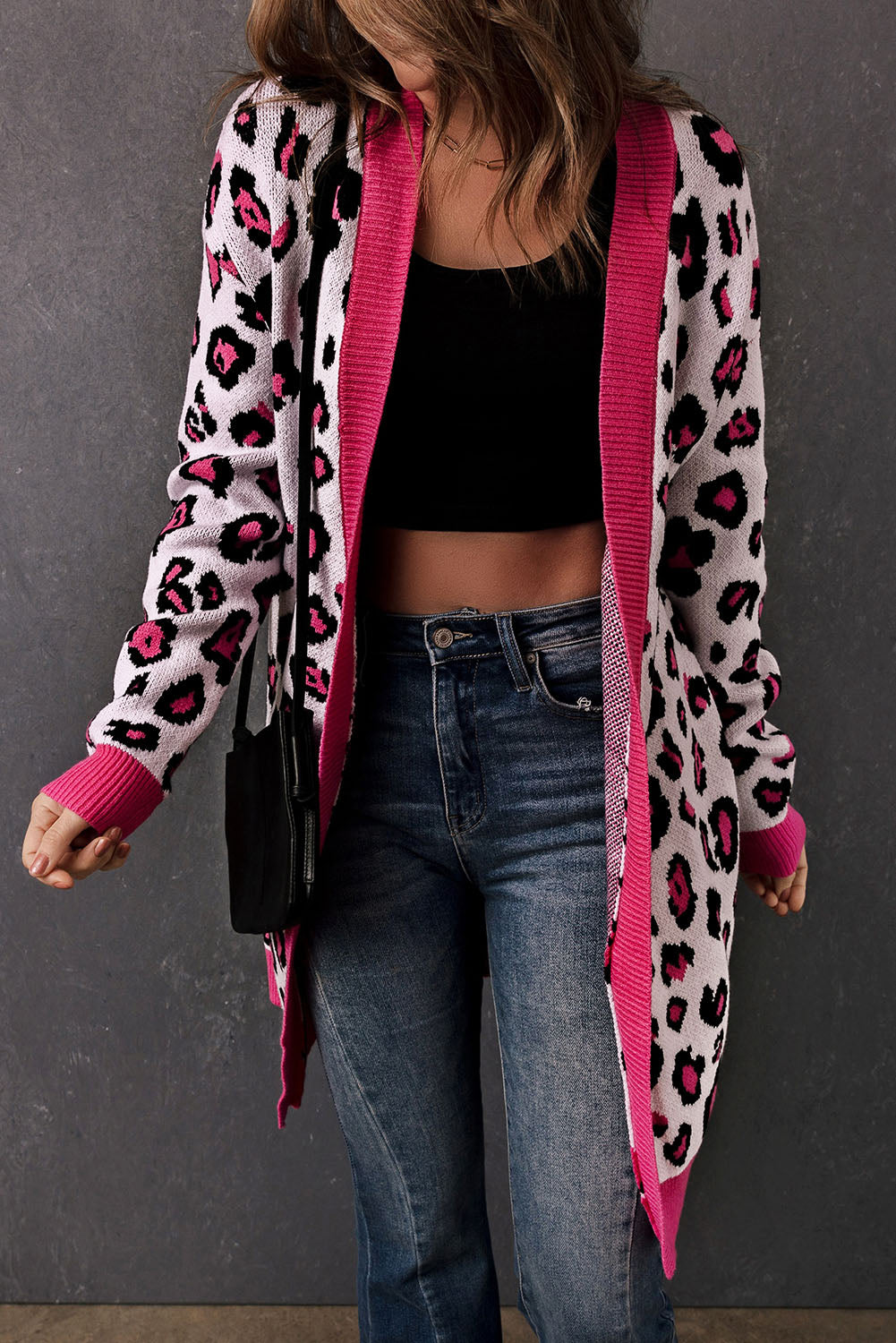 EB | Leopard-Kontrastbesatz Offene Vorderseite Langarmlange Strickjacke